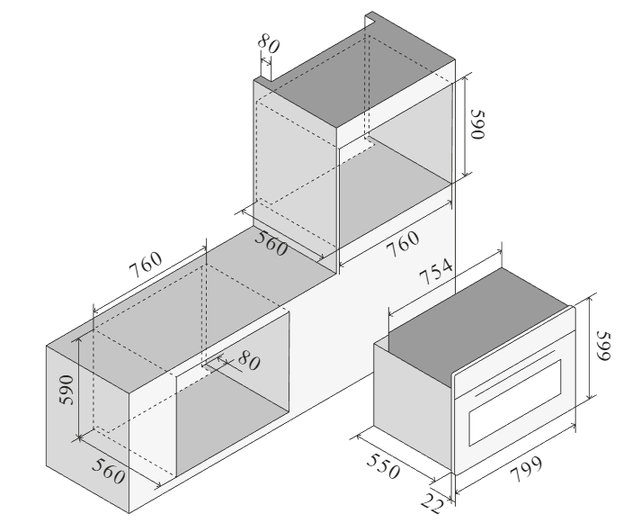 ILVE Pro Line 80 cm innebygget multifunksjonsovn med elektronisk styring – måltegning 1