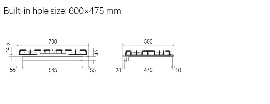 ILVE Nostalgie 70 cm gaskogeplade i emaljeret stål med 5 brændere og dual brænder – måltegning 1