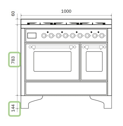Komfyr - Majestic - 100 cm - Gasskomfyr/Induksjon, 2 ovner – måltegning 1