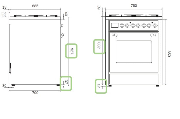 Komfyr - Majestic - 76 cm - Gasskomfyr – måltegning 1