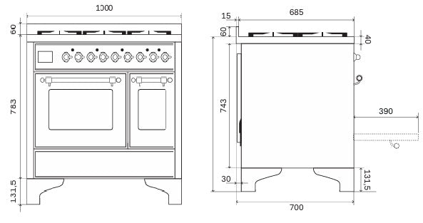 Stove - Majestic - 100 cm - Gas stove/Induction, 2 ovens – måltegning 1