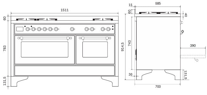 Stove - Majestic - 150 cm - Gas stove, 2 ovens – måltegning 1